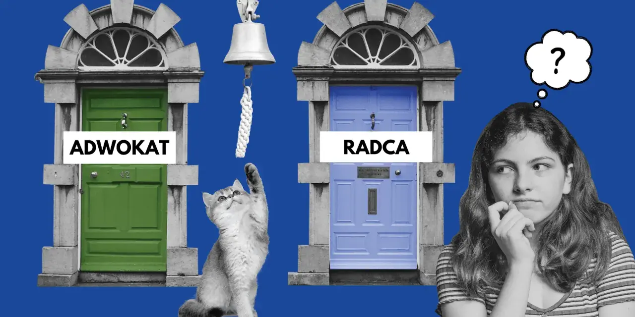 Kot sięga do dzwonka przy drzwiach "ADWOKAT", obok drzwi "RADCA" i zamyślona dziewczyna.