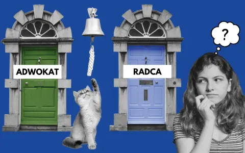 Kot sięga do dzwonka przy drzwiach "ADWOKAT", obok drzwi "RADCA" i zamyślona dziewczyna.
