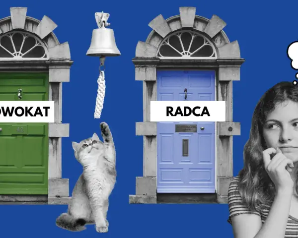 Kot sięga do dzwonka przy drzwiach "ADWOKAT", obok drzwi "RADCA" i zamyślona dziewczyna.