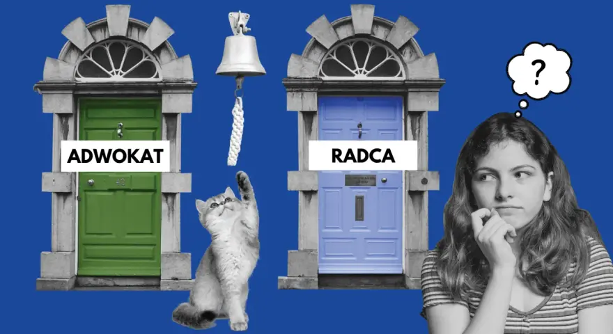 Kot sięga do dzwonka przy drzwiach "ADWOKAT", obok drzwi "RADCA" i zamyślona dziewczyna.