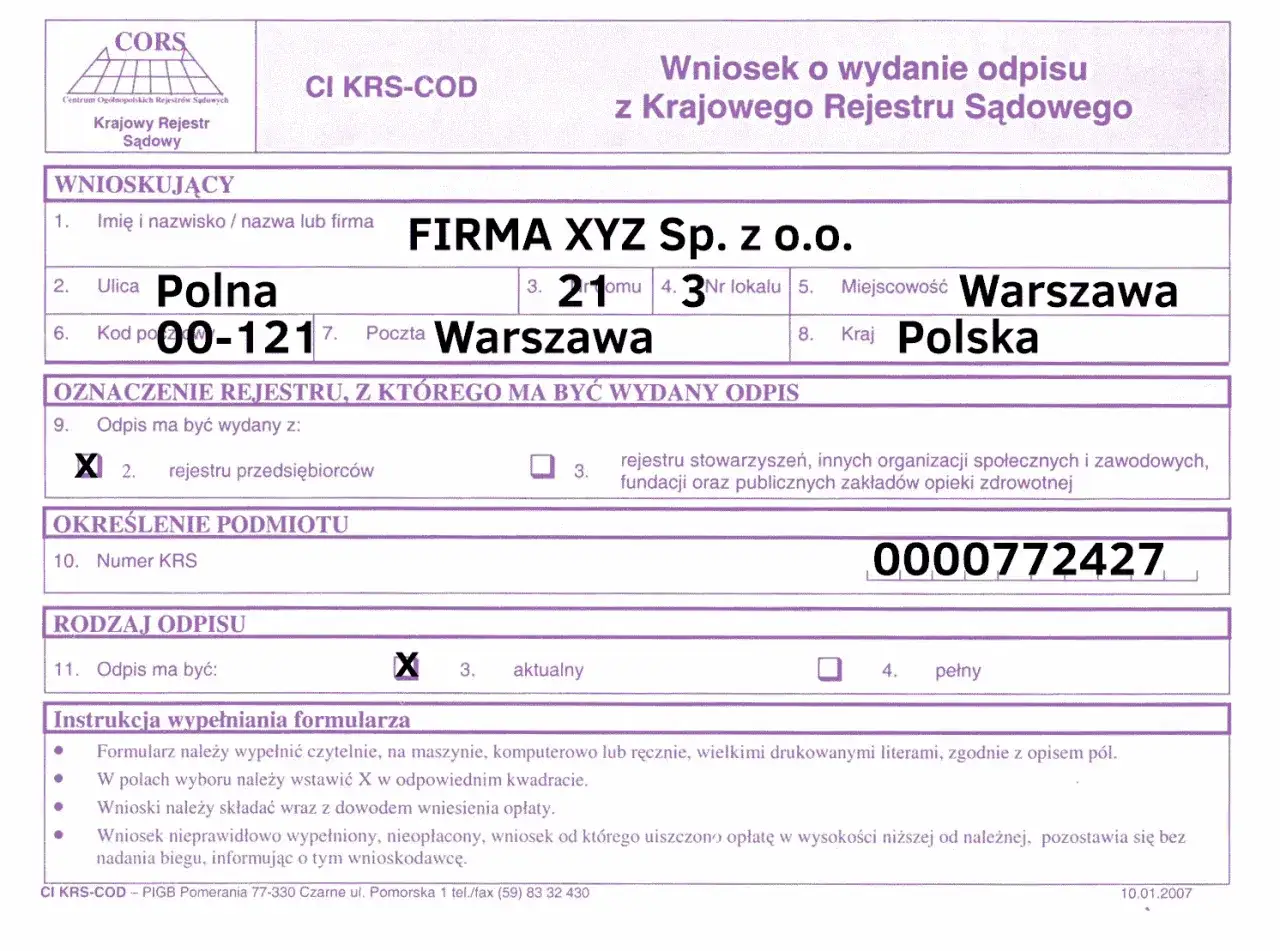 Przykład odpisu KRS dział I dane sądu